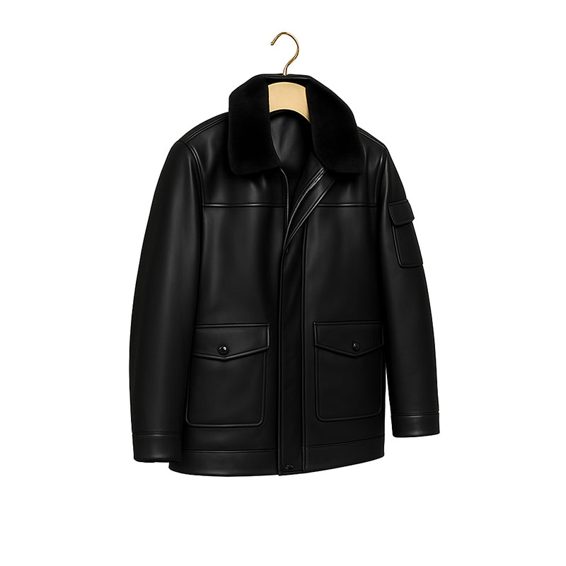 Men's Luxurious Burgundy Front Pocket Jacket with Fur Collar