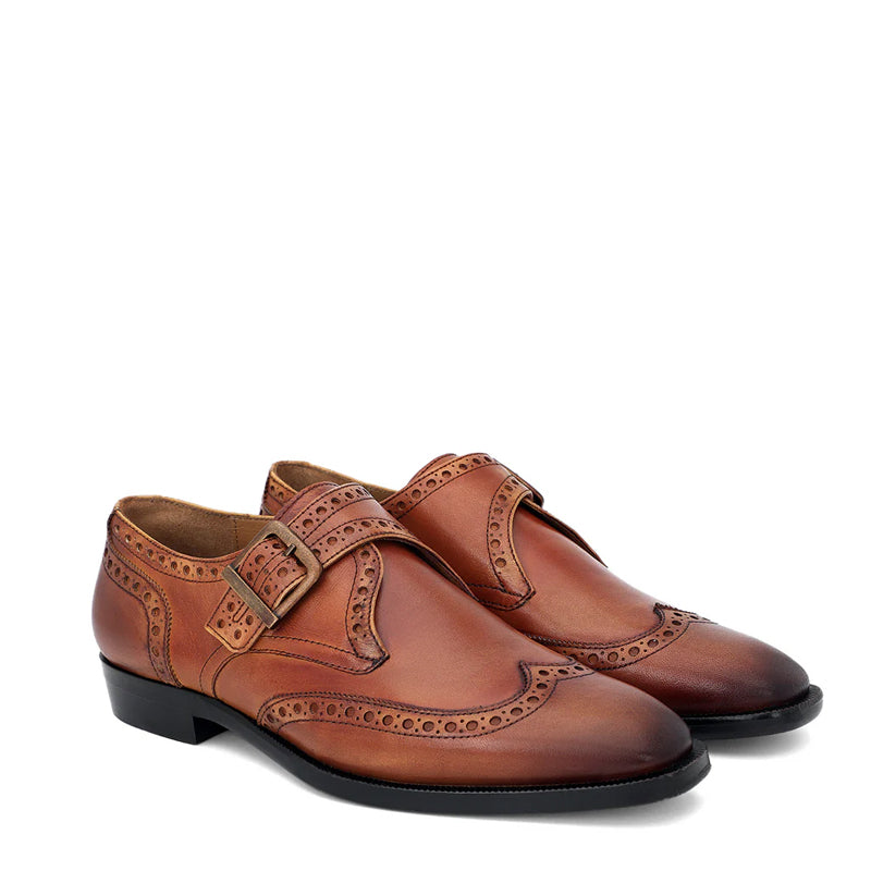 Leather Single Monk Strap Tan Shoe For Men