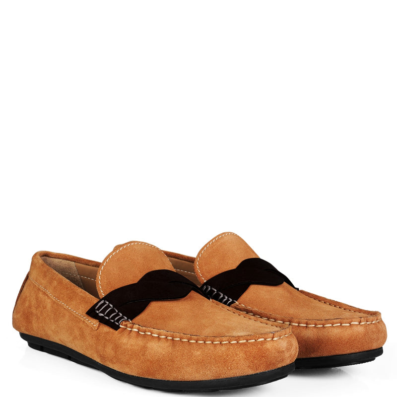 Penny Suede Cross Strap Leather Dark Brown Loafer