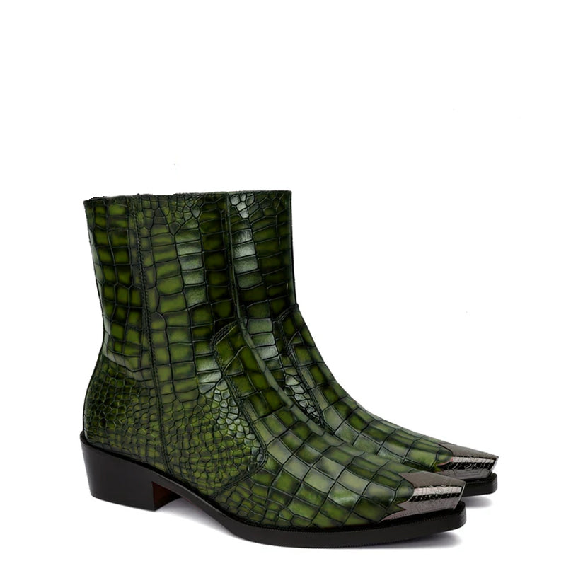Luxury Croco Print Leather Side Zipper Boot Green