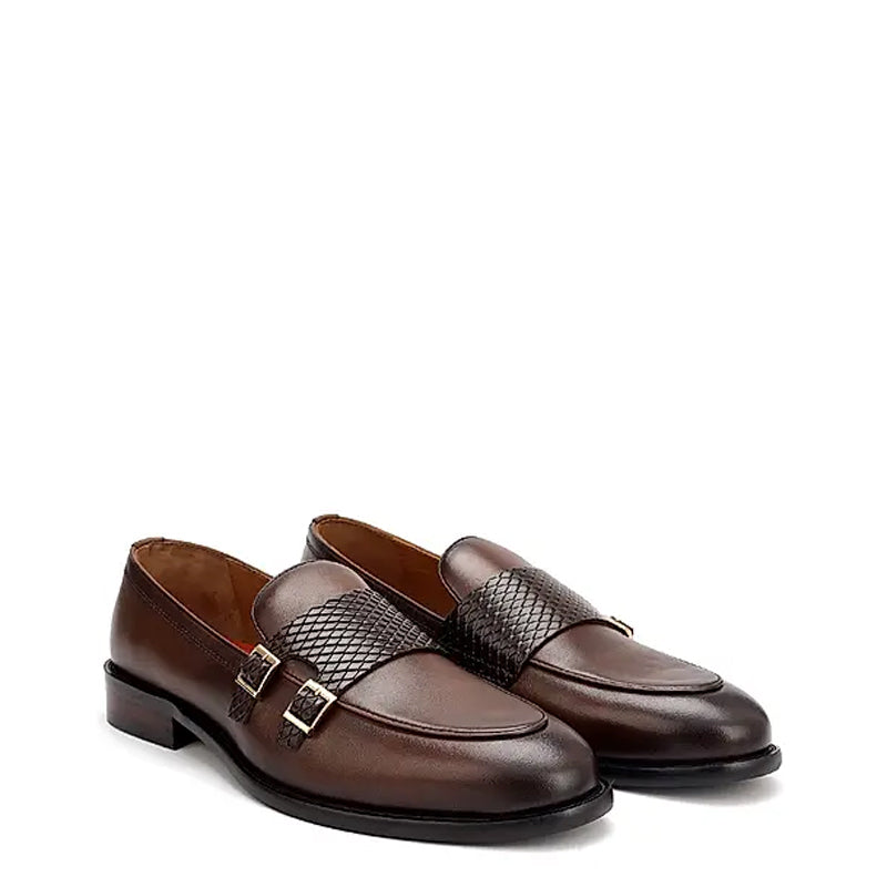 Polished Leather Textured Formal Double Monk Shoe