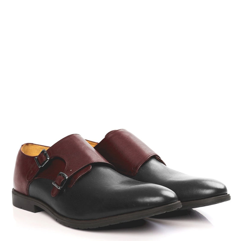 Leather Double Monk Strap Brown and Tan Shoe For Men