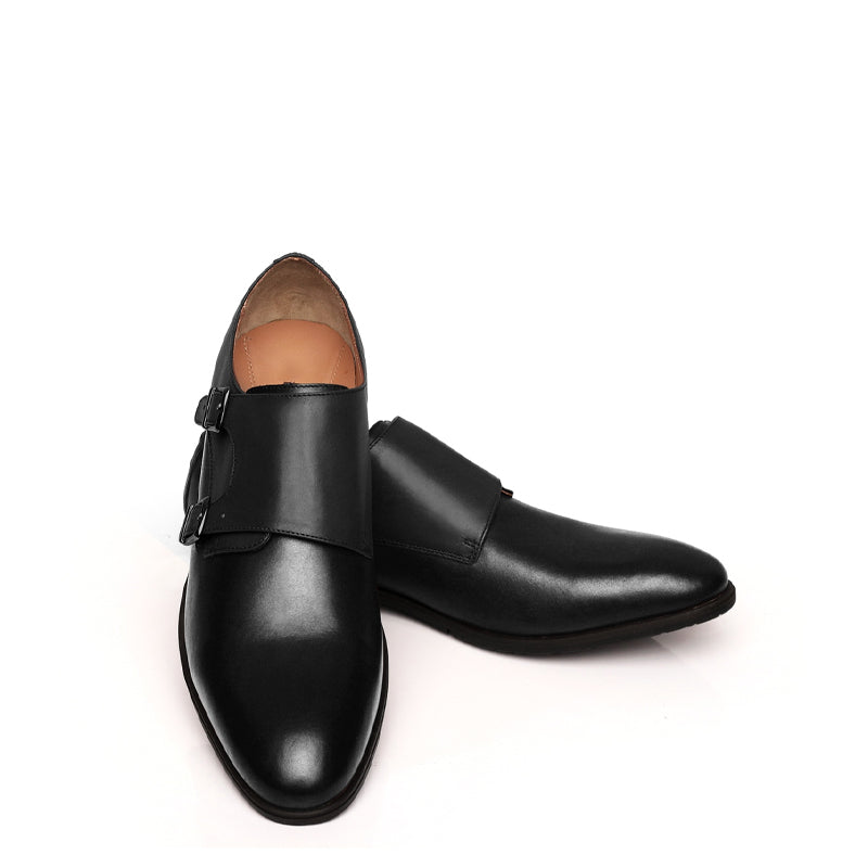 Leather Double Monk Strap Burgundy and Black Shoe For Men