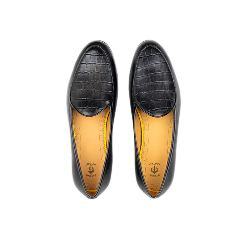 Men Croco Solid Leather Black Loafer