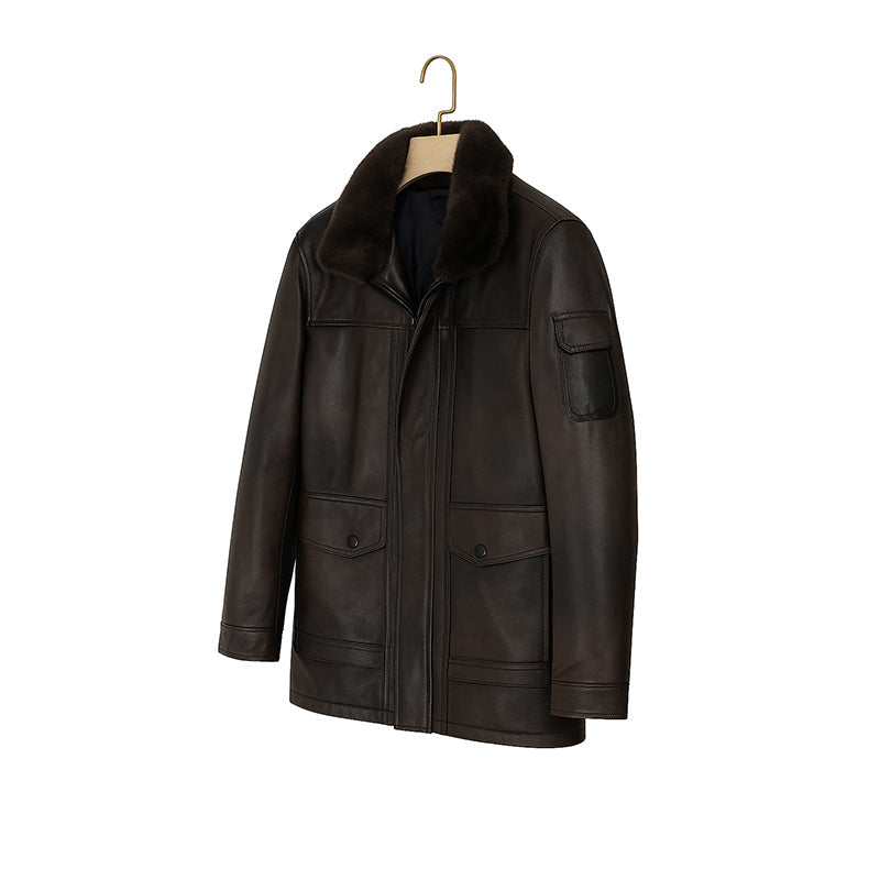 Men's Luxurious Brown Front Pocket Jacket with Fur Collar