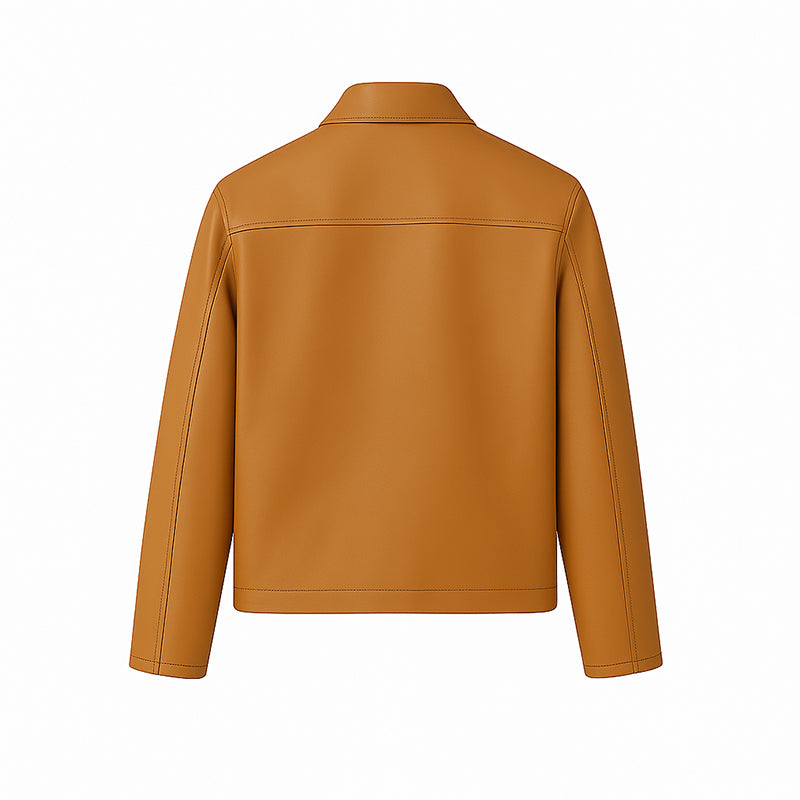 Men's Plain Casual Brown Leather Jacket with Collar