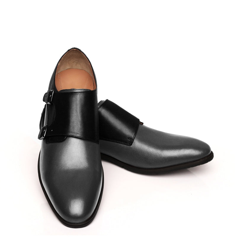 Leather Double Monk Strap Burgundy and Black Shoe For Men