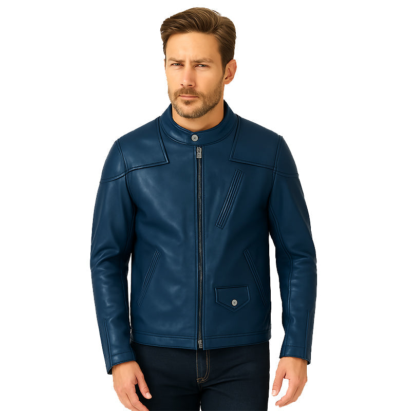 Men’s Zip-Up Vintage Tan Biker Jacket with Stand Collar & Pockets