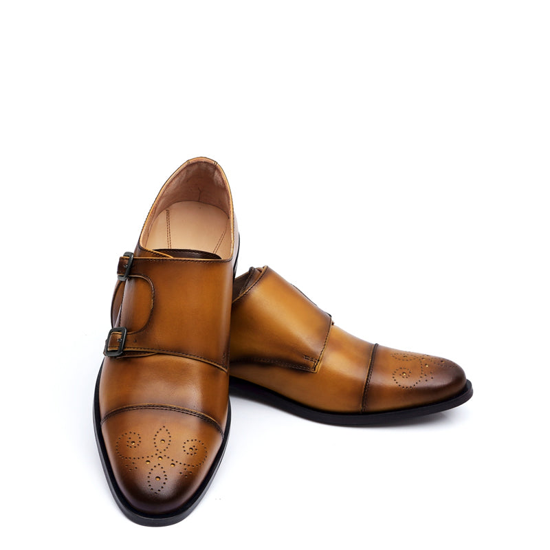 Premium ToeCap Double Monk Strap Tan Leather Shoe