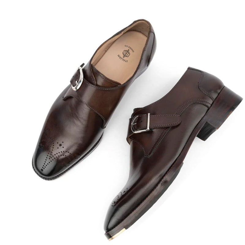 Glossed Square Toe Leather Single Monk Strap Shoe