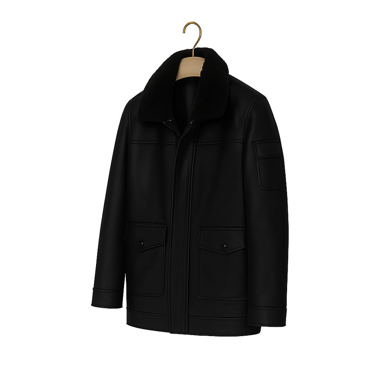 Men's Luxurious Black Front Pocket Jacket with Fur Collar