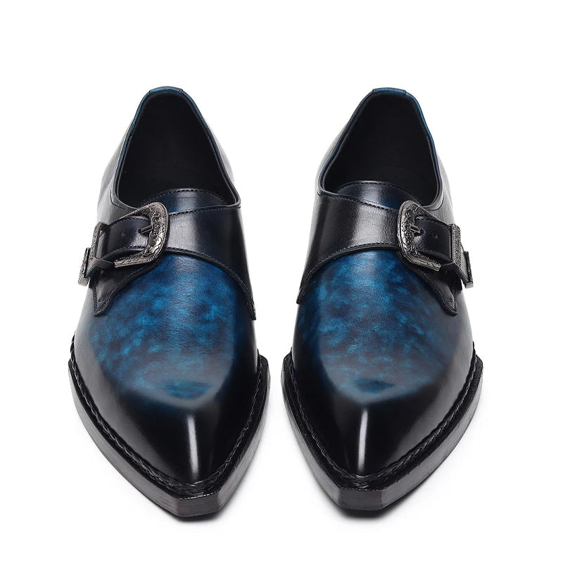 Plain Leather Single Monk Blue Shoe With Side Buckle