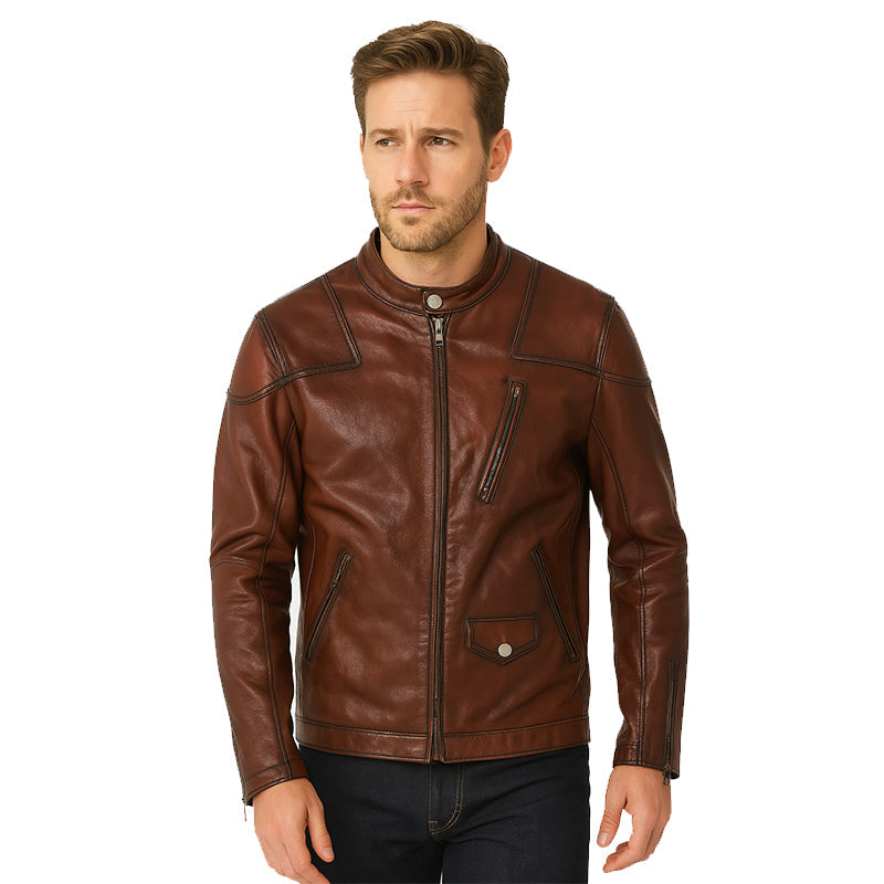 Men’s Zip-Up Vintage Burgundy Biker Jacket with Stand Collar & Pockets
