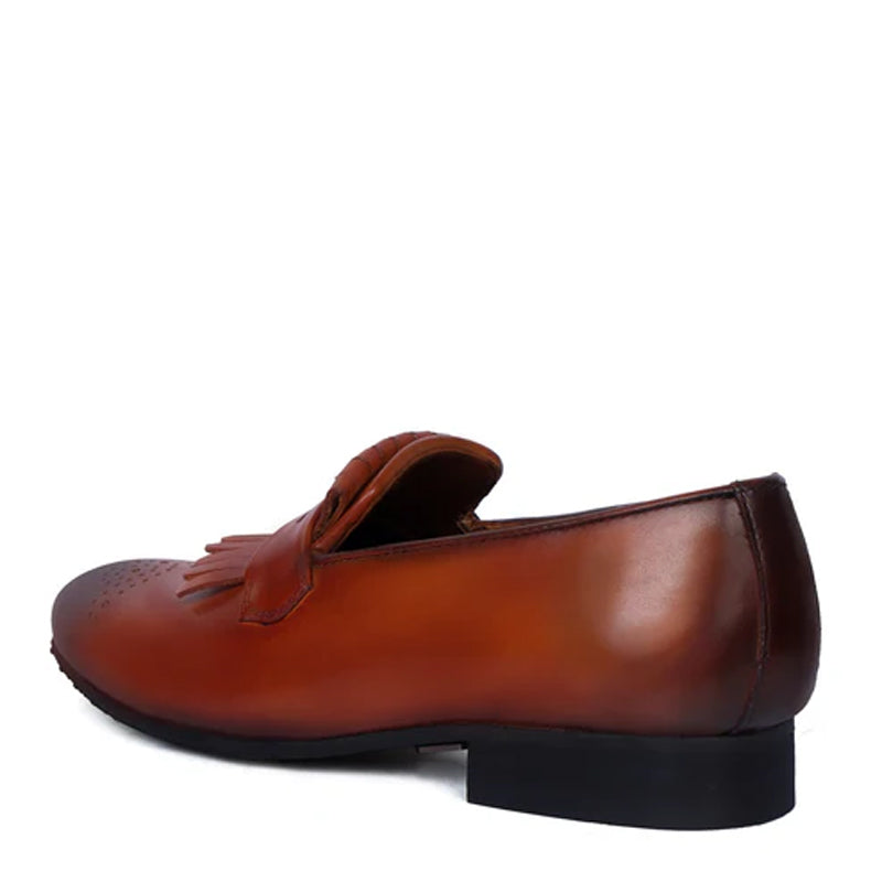 Patent Leather Slip On Tan Shoe With Fringes