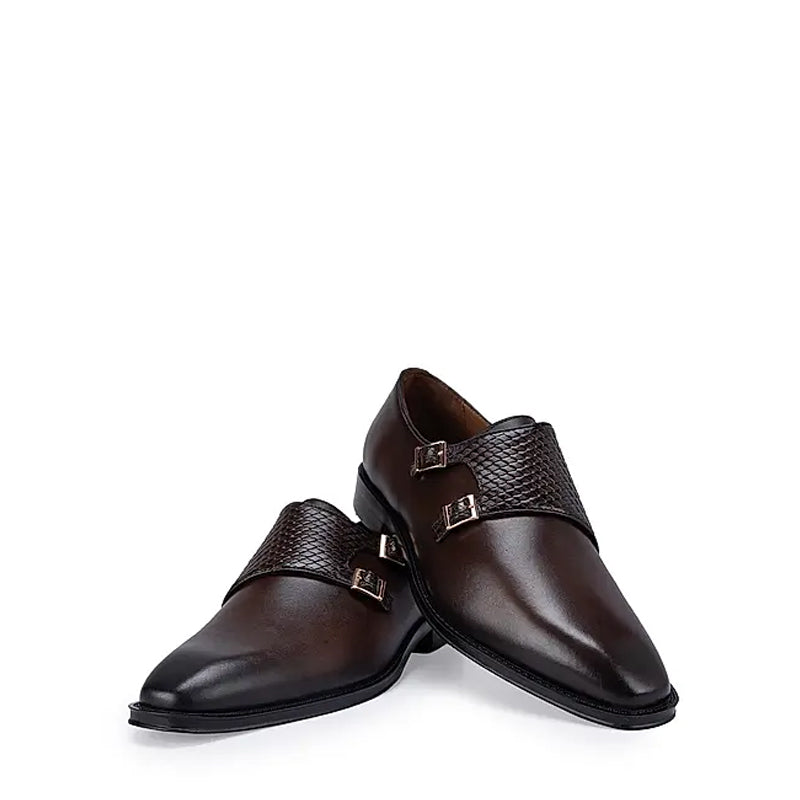 Polished Shiny Leather Textured Double Monk Shoe