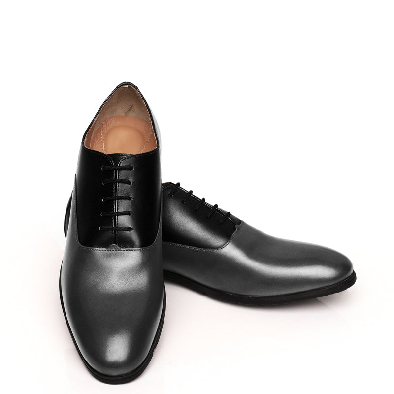Plain Shiny Leather Black and Grey Oxford Shoe For Men