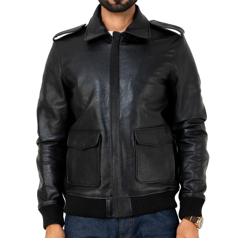 Men Solid Slim Fit Leather Bomber Jacket