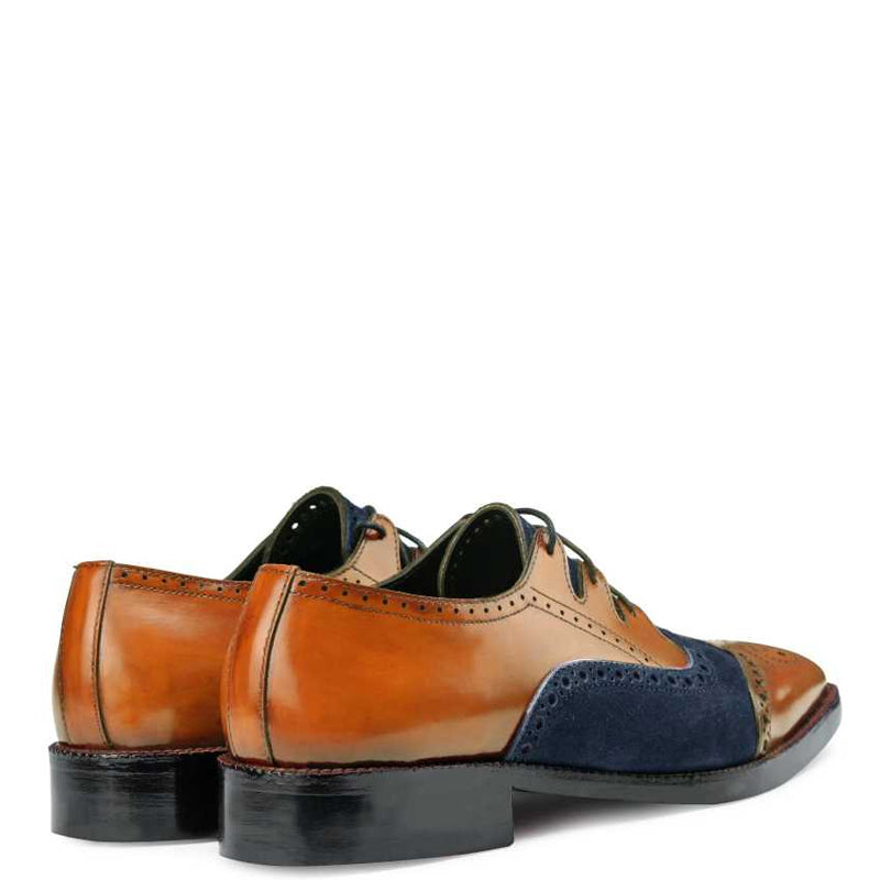 Criss Cross Wingtip Leather Oxford Shoe Tan and Navy