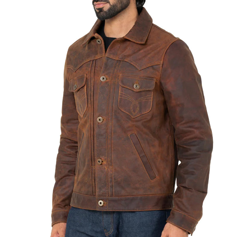 Men Solid Leather Trucker Jacket