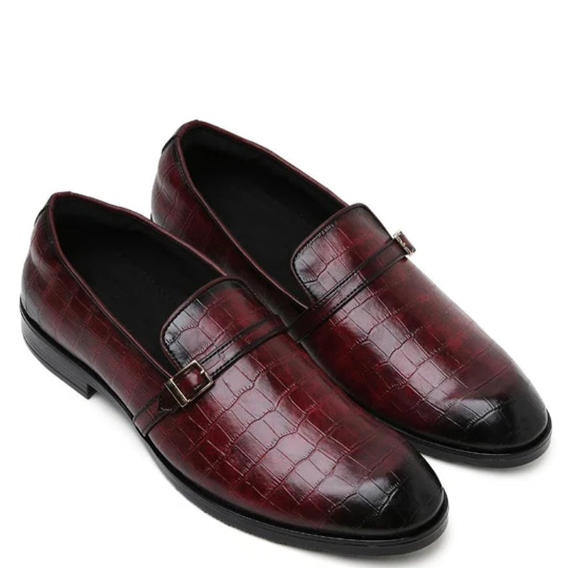 Croco Textured Leather Burgundy Loafer With Side Buckle