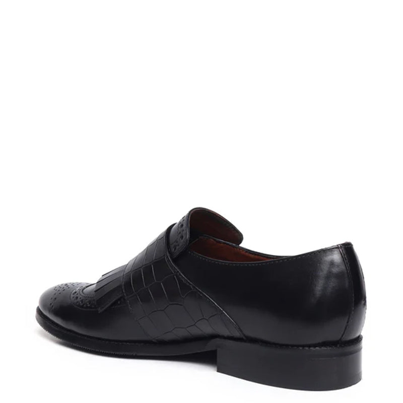Croco Textured Double Monk Tan Shoe with Fringes