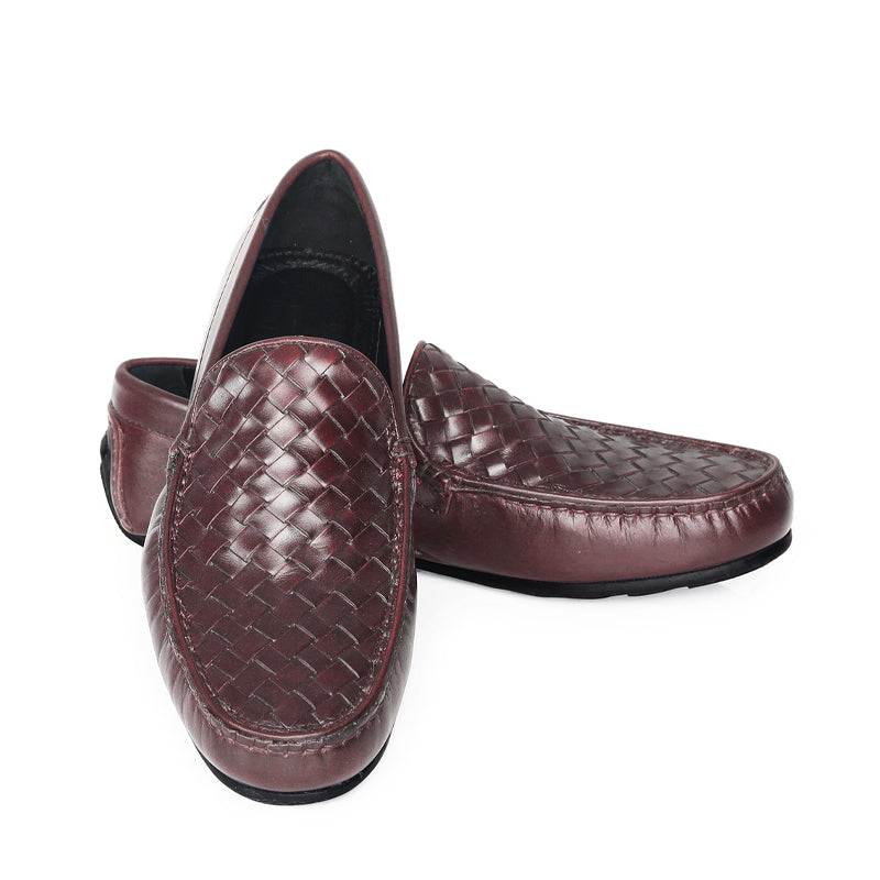Weaved Textured Shiny Leather Driving Black Loafer