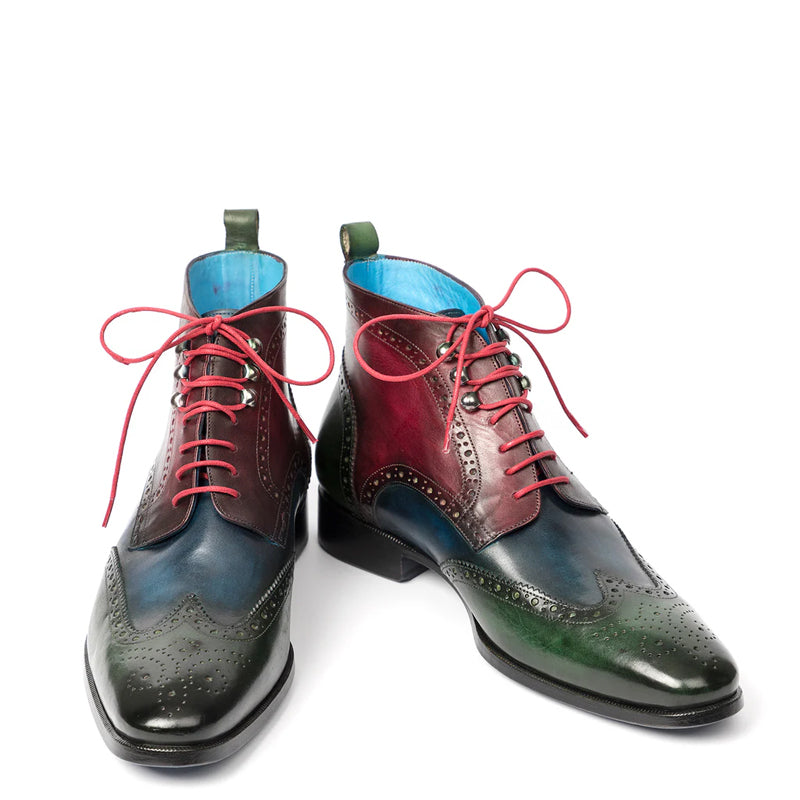 Men Dual Tone Leather Wingtip Ankle Green & Blue Burgundy Boot