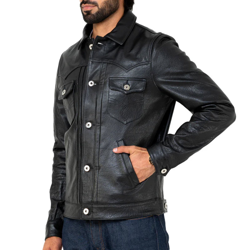 Men Solid Leather Trucker Jacket