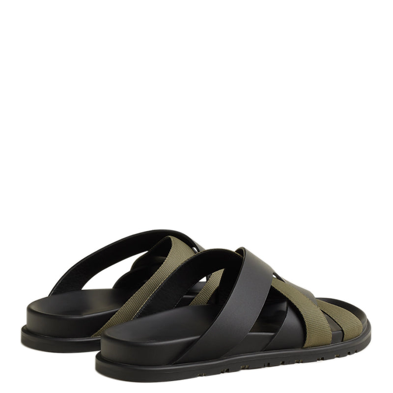 Men Textured Leather Comfort Black/Green Sandal