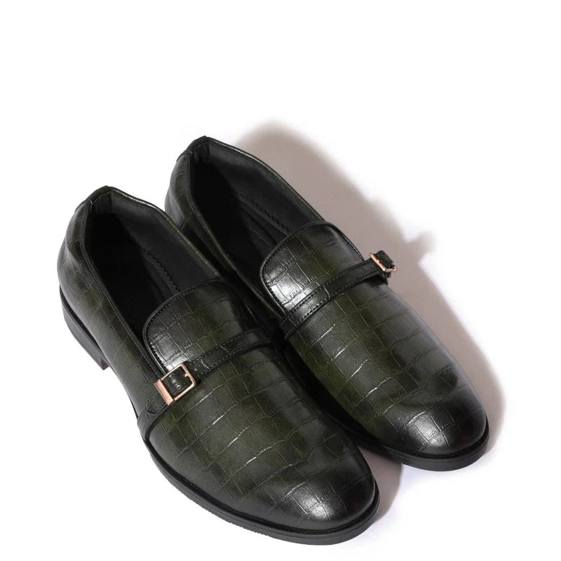 Croco Textured Leather Blue Loafer With Side Buckle