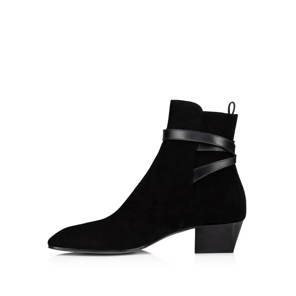 Suede Ankle Pointed Toe Boots With Buckle Strap