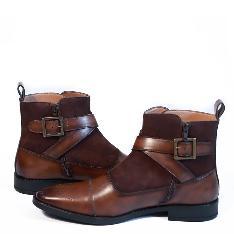 Leather Side Zip Up Buckled Ankle Black Boot