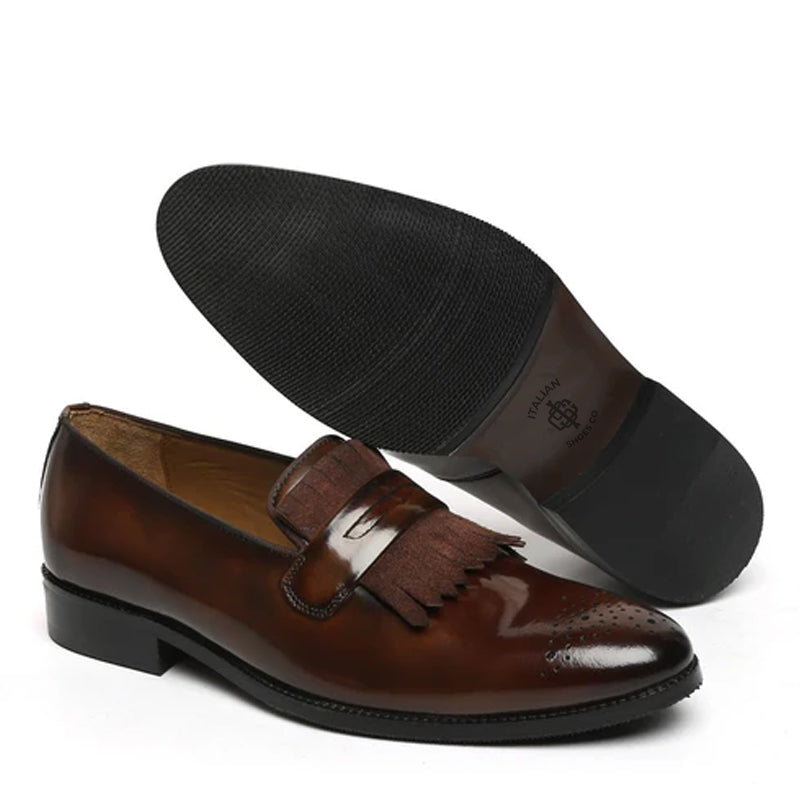 Patent Leather Slip-On Brown Shoe With Fringes