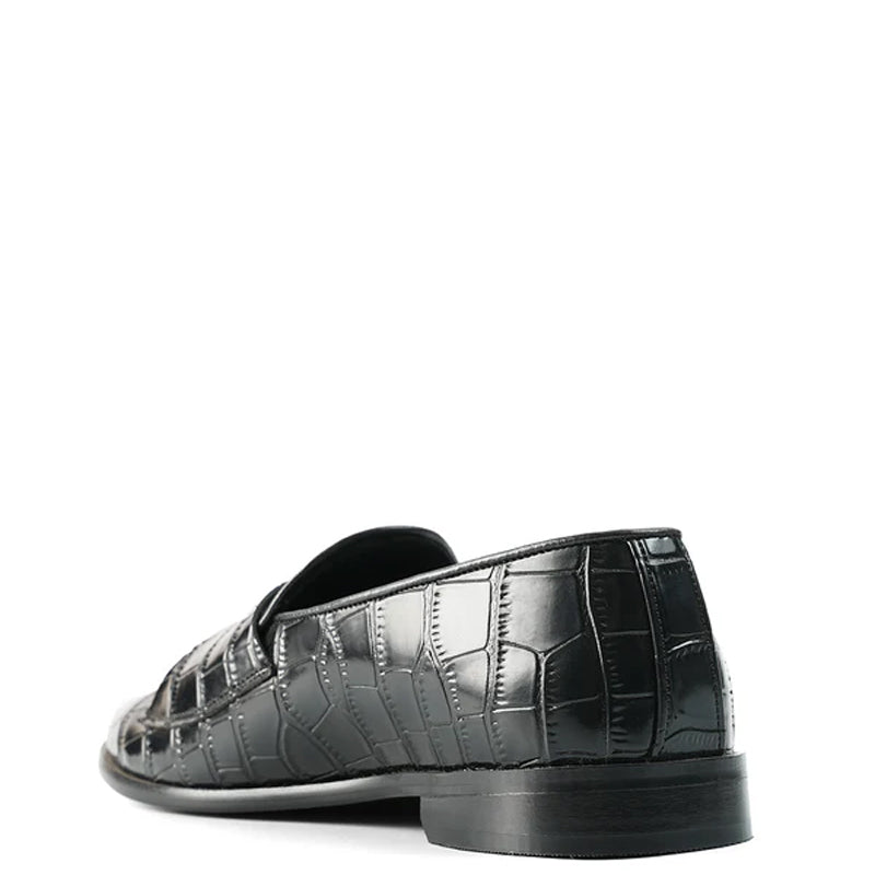 Croco Print Leather Stylish Black Loafer With Side Hook