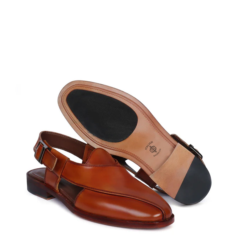 Leather Cross Strap Slip-On Comfort Peshawari Brown Sandal