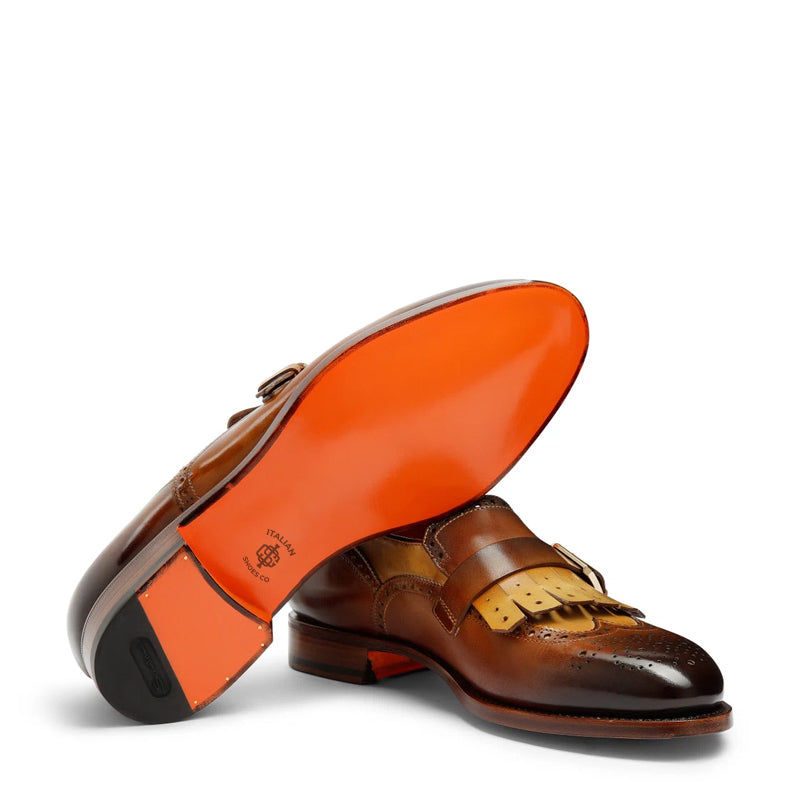 Handmade Leather Single Buckle Tan Loafer  With Fringe