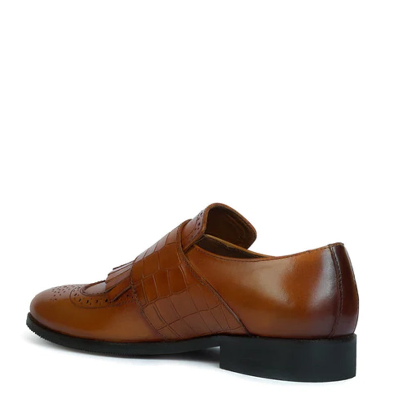Croco Textured Double Monk Brown Shoe with Fringes
