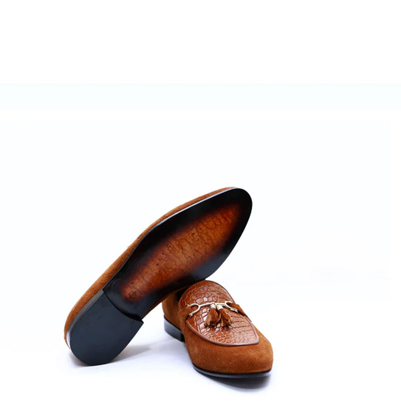 Pure Suede Leather Tassel Black Loafer With Gold Buckle