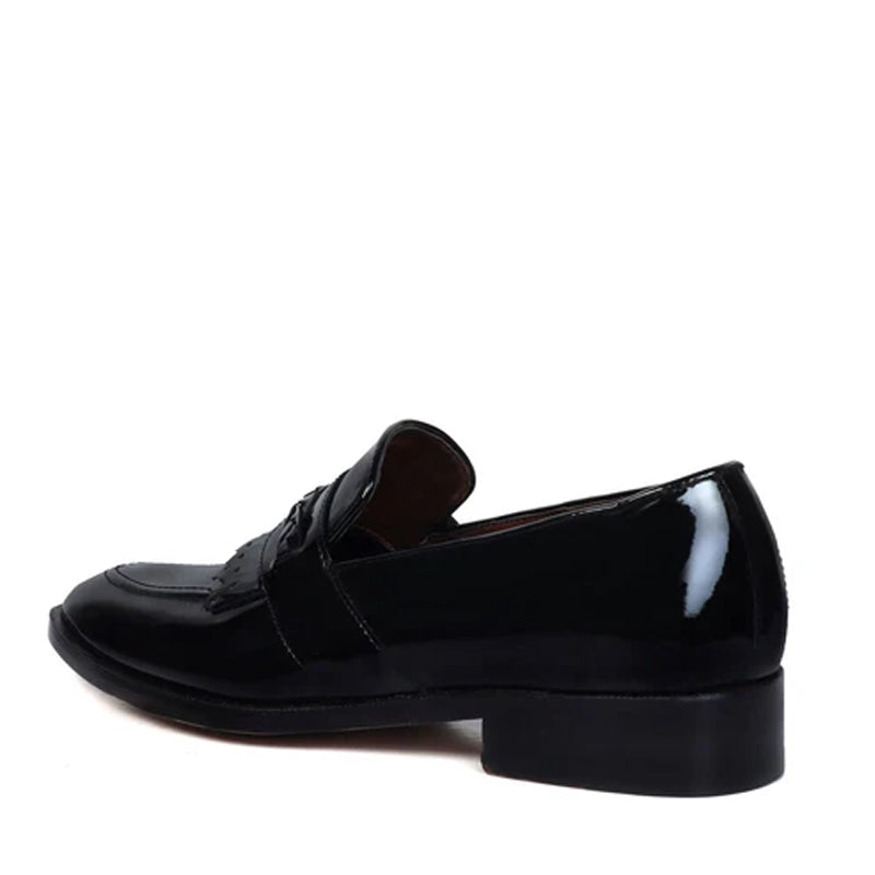 Patent Shiny Leather Black Loafer With Fringe