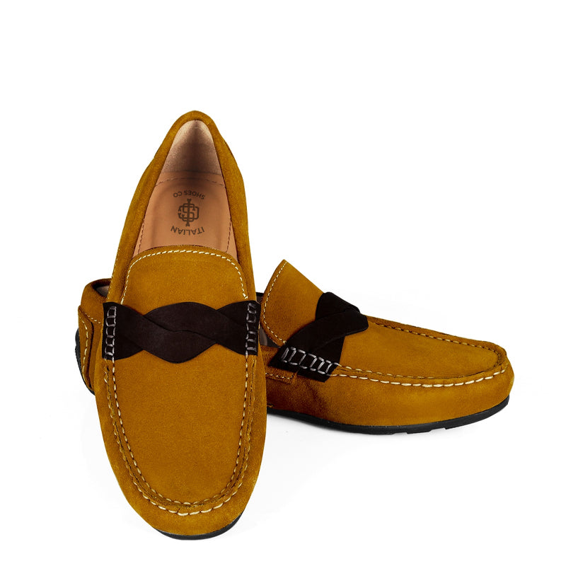 Penny Suede Cross Strap Leather Green Loafer