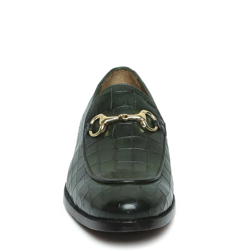Croco Deep Cut Horse-bit Buckled Leather Dark Brown Loafer
