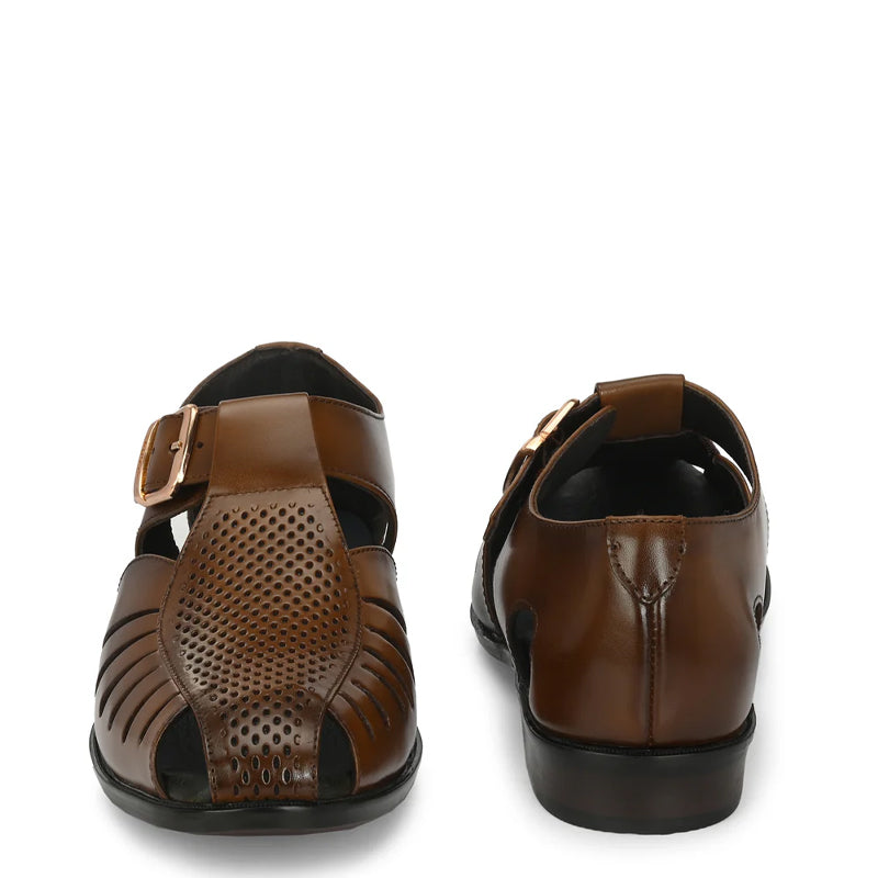 Men Slip-On Leather Brown Sandal With Buckle Accent