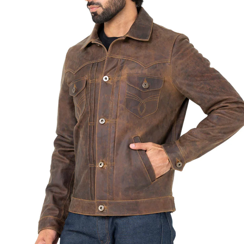Men Solid Leather Trucker Jacket