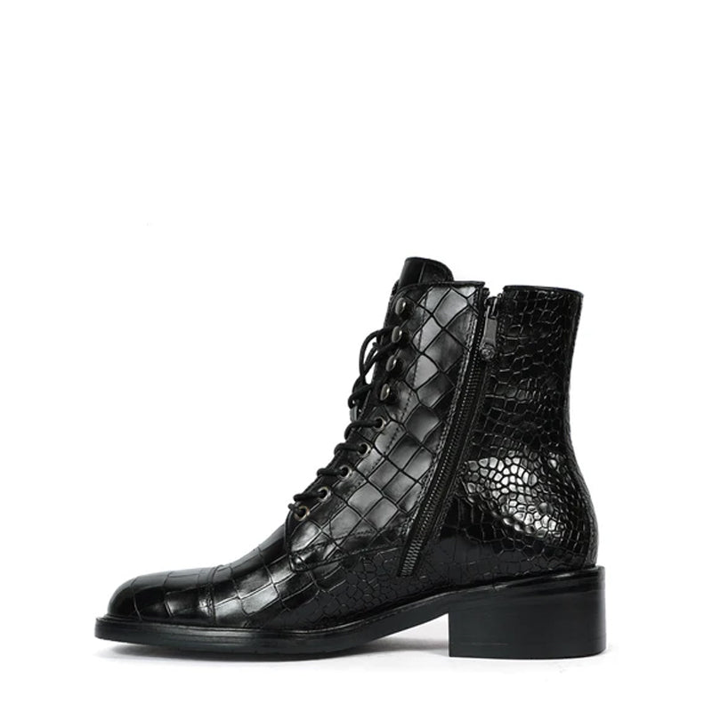Croco Leather Lace-Up High Ankle Boot