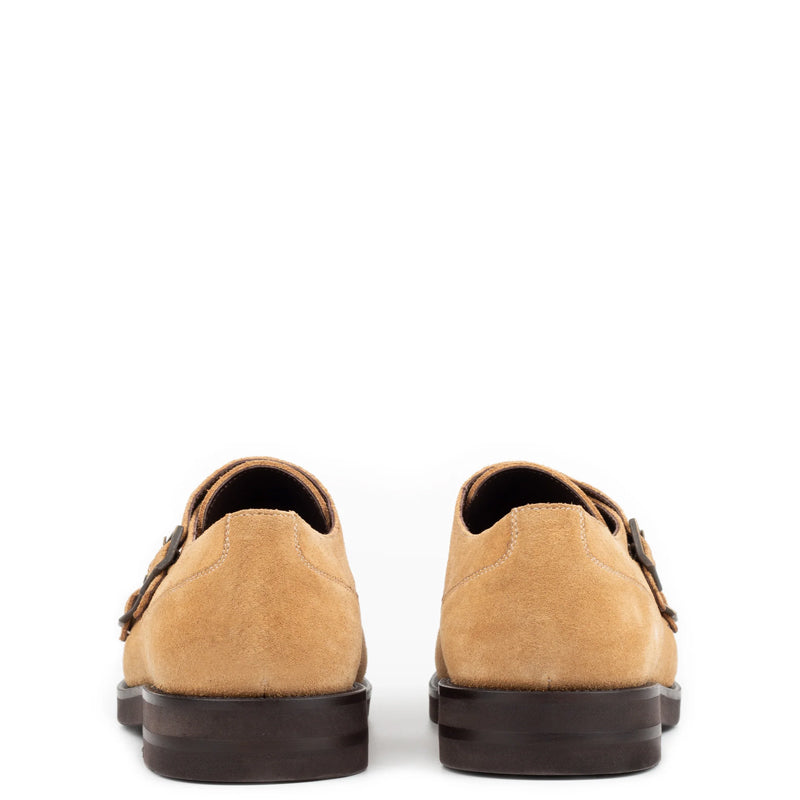 Men Suede Leather Double Monk Straps Tan Shoe