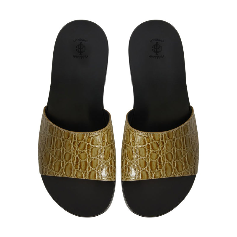 Pure Leather Croco Textured Brown Sandal