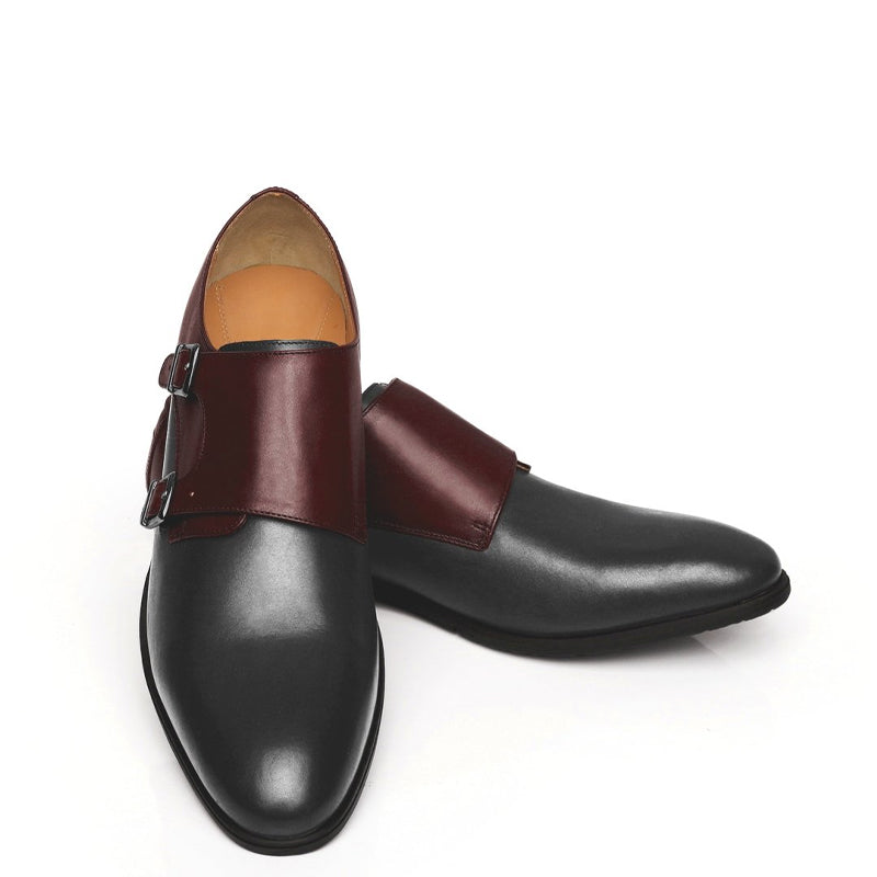 Leather Double Monk Strap Black and Burgundy Shoe For Men