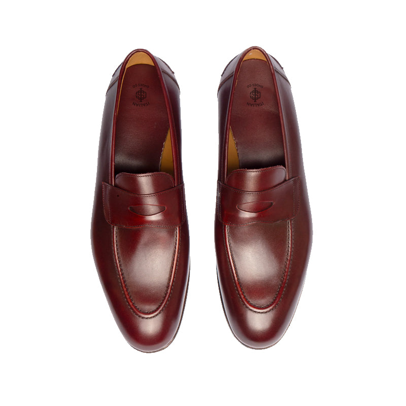 Plain Polished Leather Penny Burgundy Loafer For Men