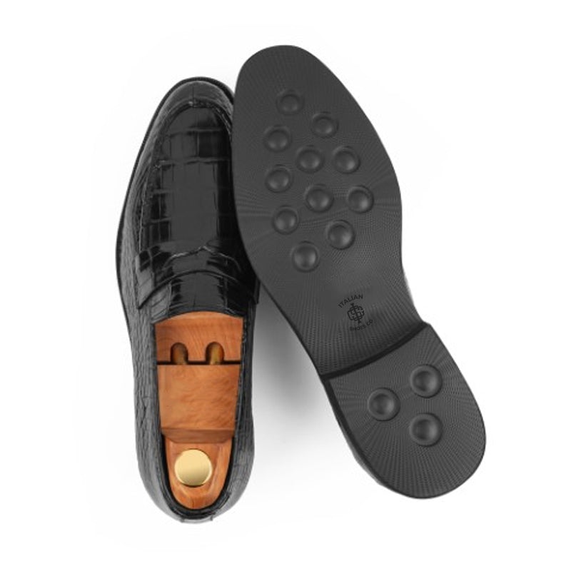 Handmade Croco Print Penny Leather Black Loafer