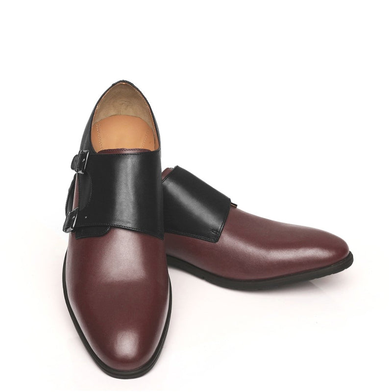 Leather Double Monk Strap Brown and Tan Shoe For Men